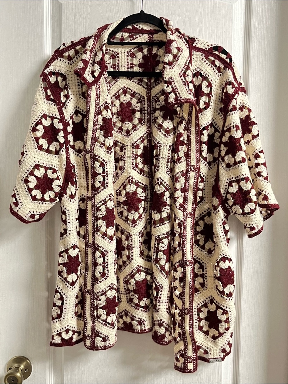 Men's Cream and Burgundy Crochet Button-Down Shirt